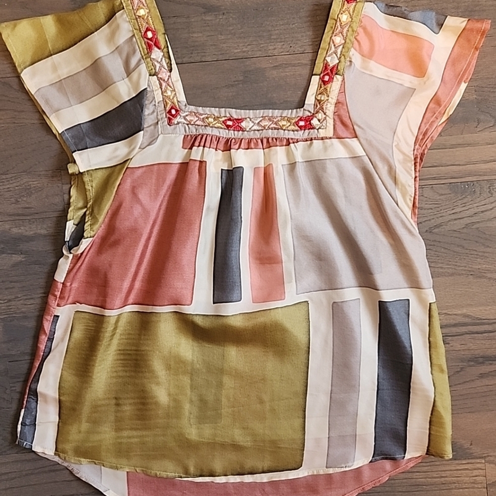 Akemi + Kin Blouse Anthropologie Geometric Multicolor with Embroidery Women's XS - Picture 7 of 8